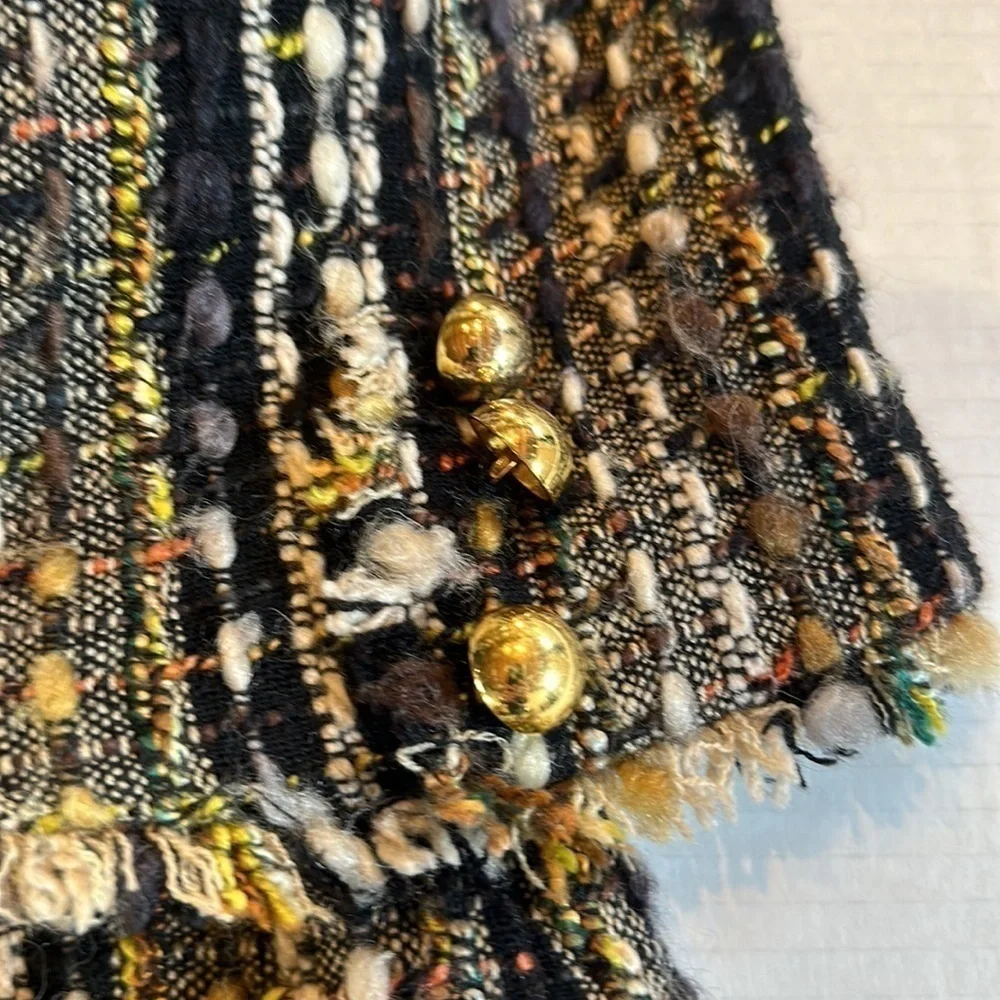 CAbi quarter length frayed 30%wool jacket multicolored in small w gold buttons - Picture 9 of 12